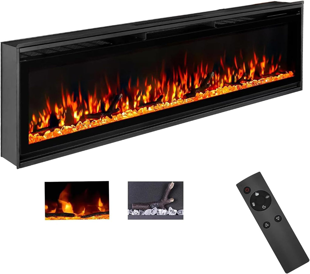 TUAN 60 Inch Electric Fireplace,Ultra-Thin Electric Fireplace Inserts,Recessed & Wall-Mounted Fireplace, Adjustable Flame, Remote Control - Linear with Timer, 750/1500W