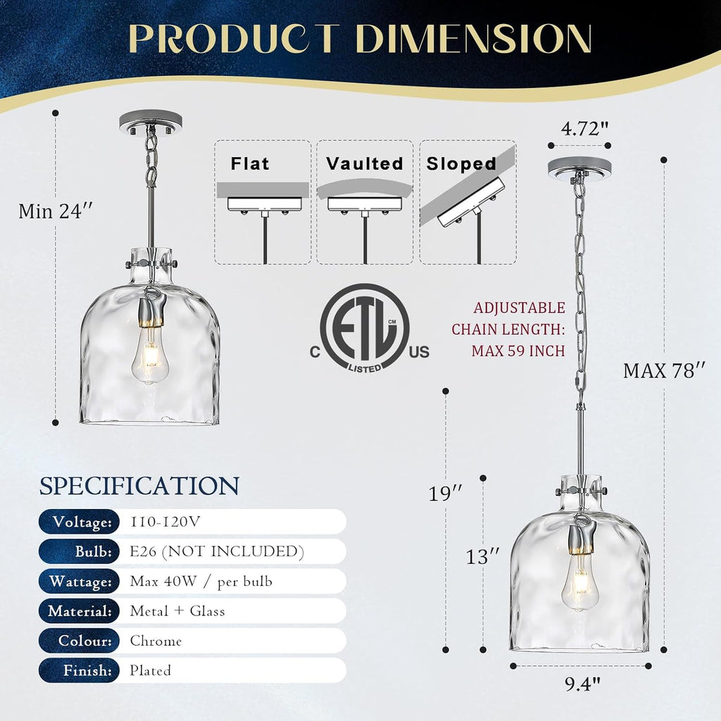 Chrome Hammered Glass Pendant Light, 10-Inch Dome, E26