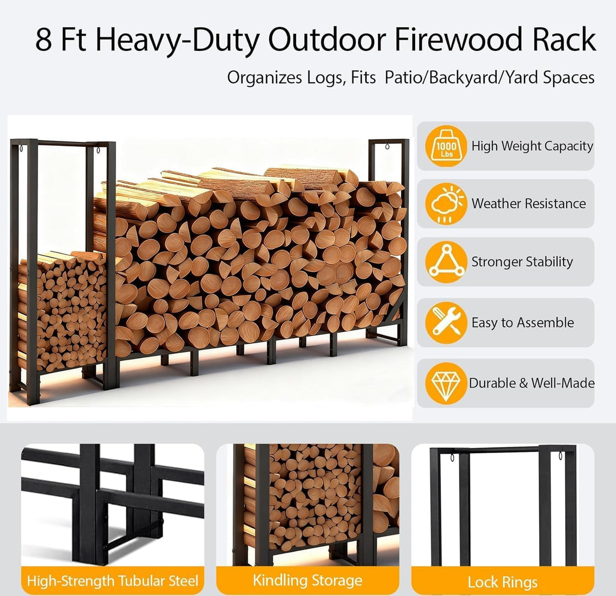 8ft Heavy Duty Firewood Rack with Kindling Storage,Black