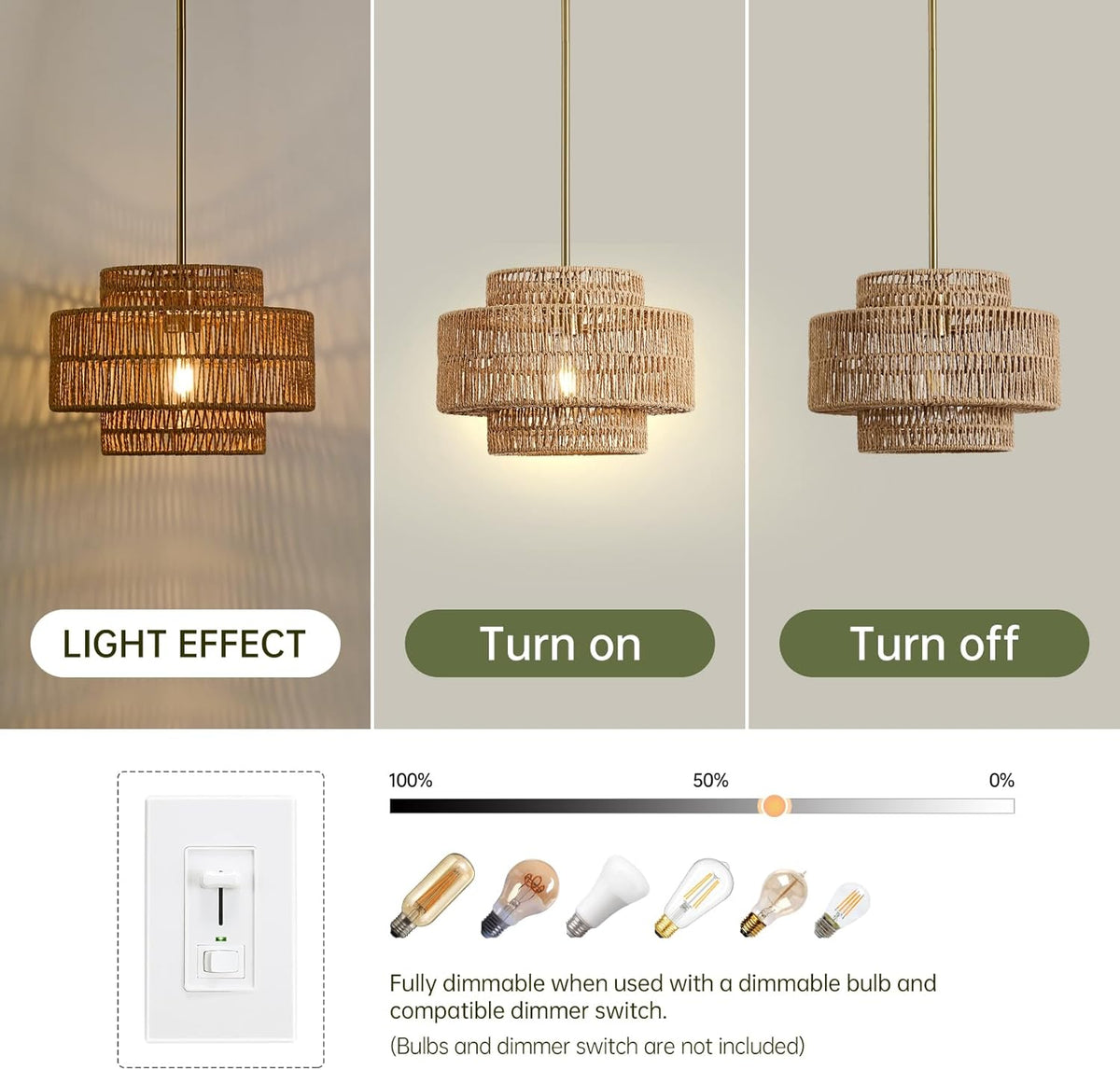 12.4" rattan pendant light for kitchen island, boho, side view