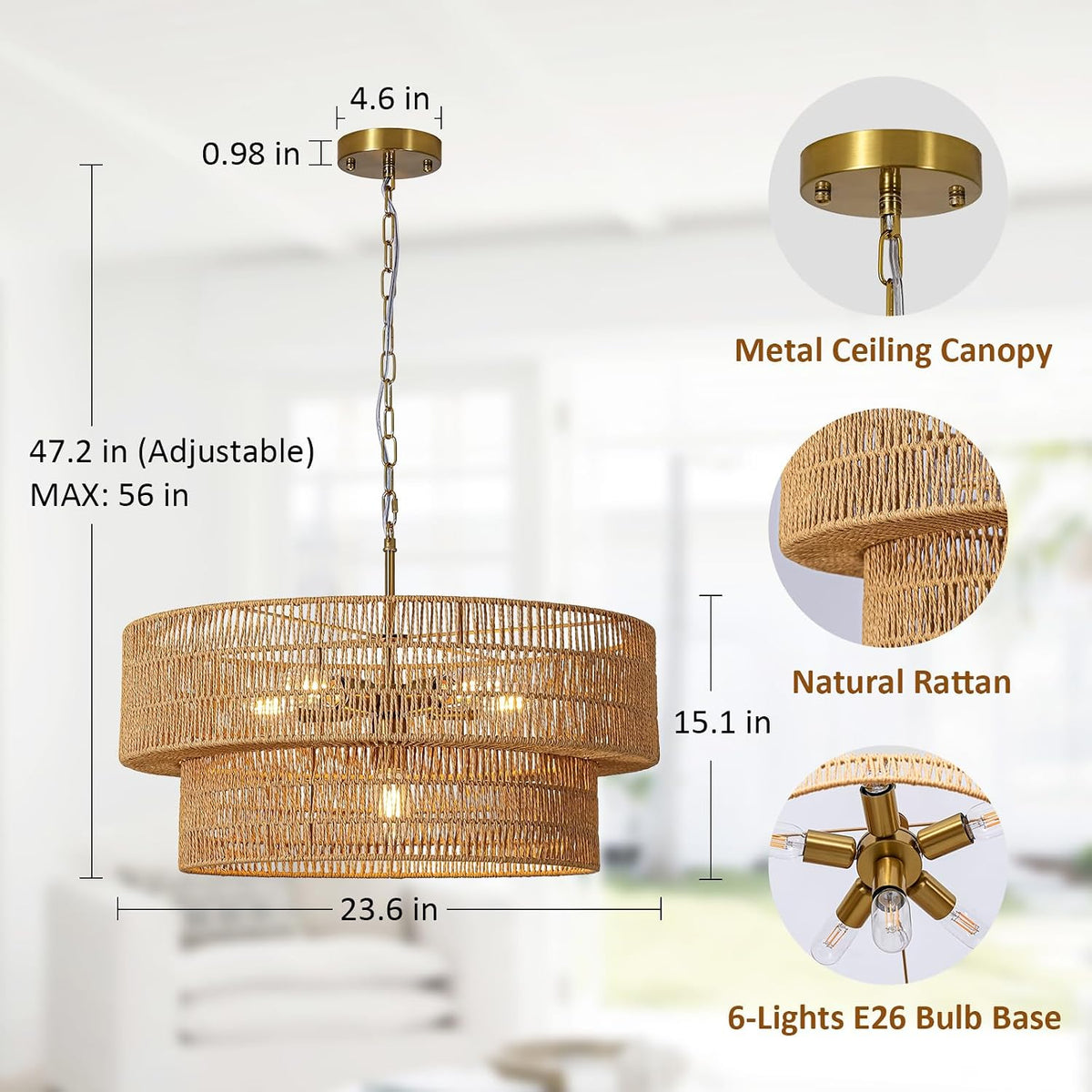 23.6" large rattan chandelier for dining room, 6-light shown in use
