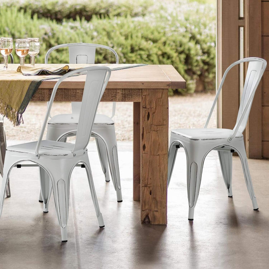 Devoko Metal Indoor-Outdoor Chairs Distressed Style Kitchen Dining Chairs Stackable Side Chair with Back Set of 4 (White)