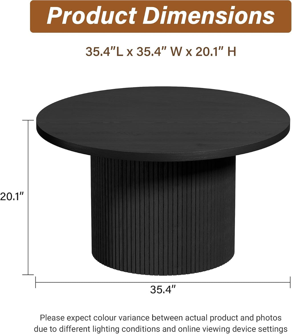 Furniway Round Coffee Table, 35.4" Circle Wide Coffee Table, Wood Table and Center Table for Living Room, Black