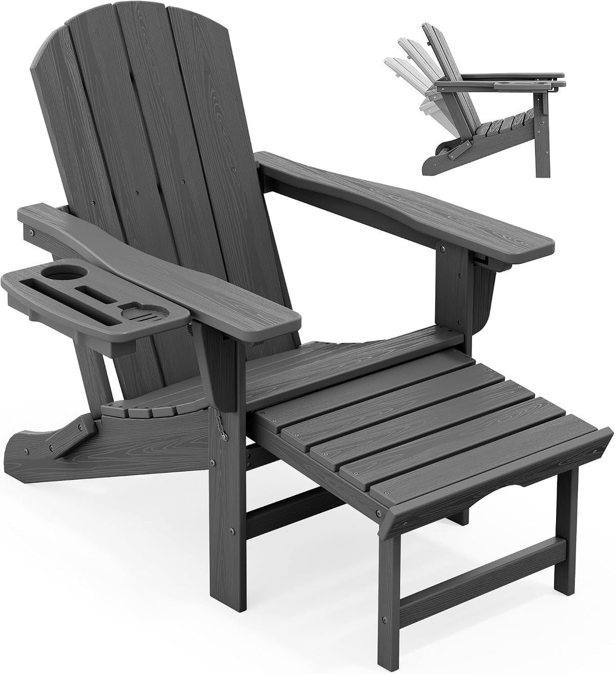 KINGYES Adjustable Folding Adirondack Chair with Footrest & 4-in-1 Multi-Functional Holder, HDPE Recliner Adirondack Chair with Pull-Out Ottoman, Gray