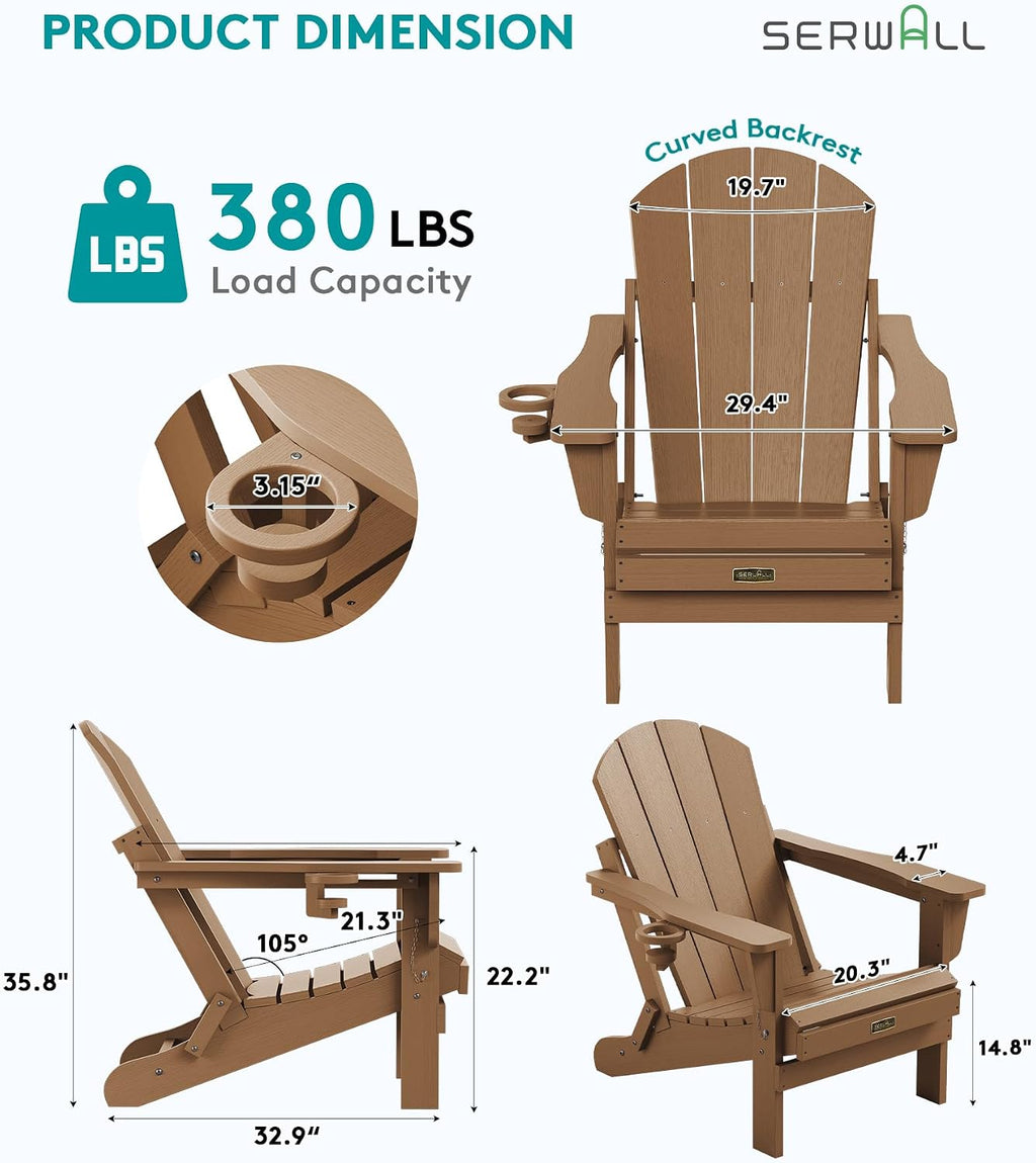 SERWALL Folding Adirondack Chair Set of 2, Cup Holder, Wood Texture -Brown