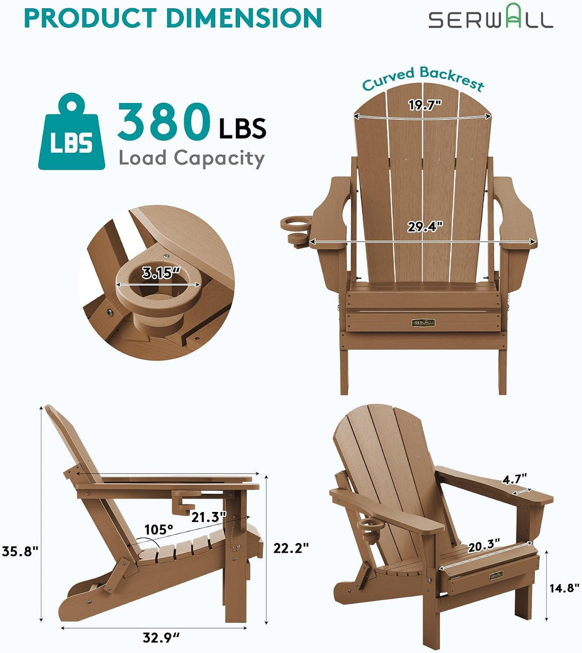 SERWALL Folding Adirondack Chair Set of 2, Cup Holder, Wood Texture -Brown