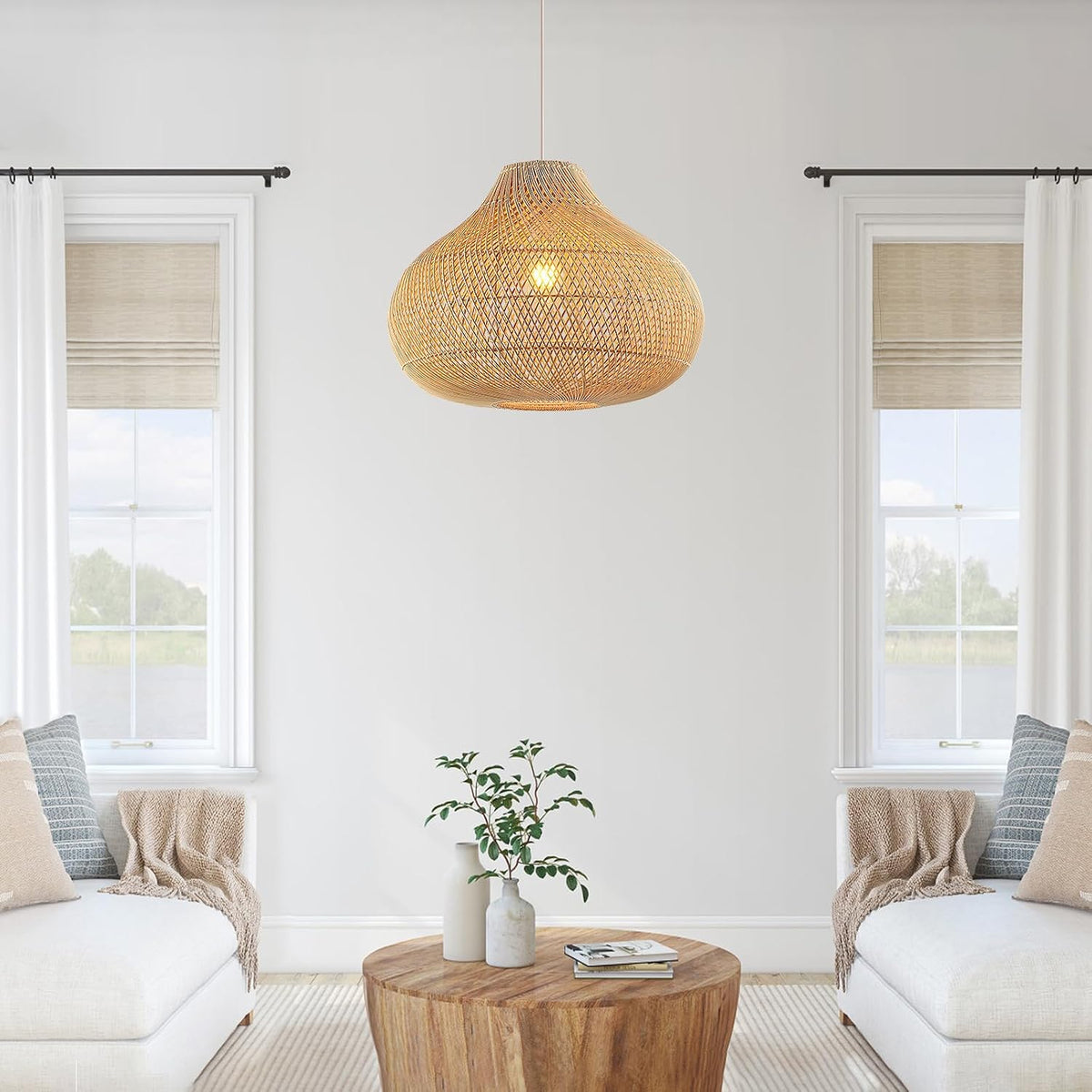 large rattan pendant light, 19.7" rattan boho wicker on a desk or shelf