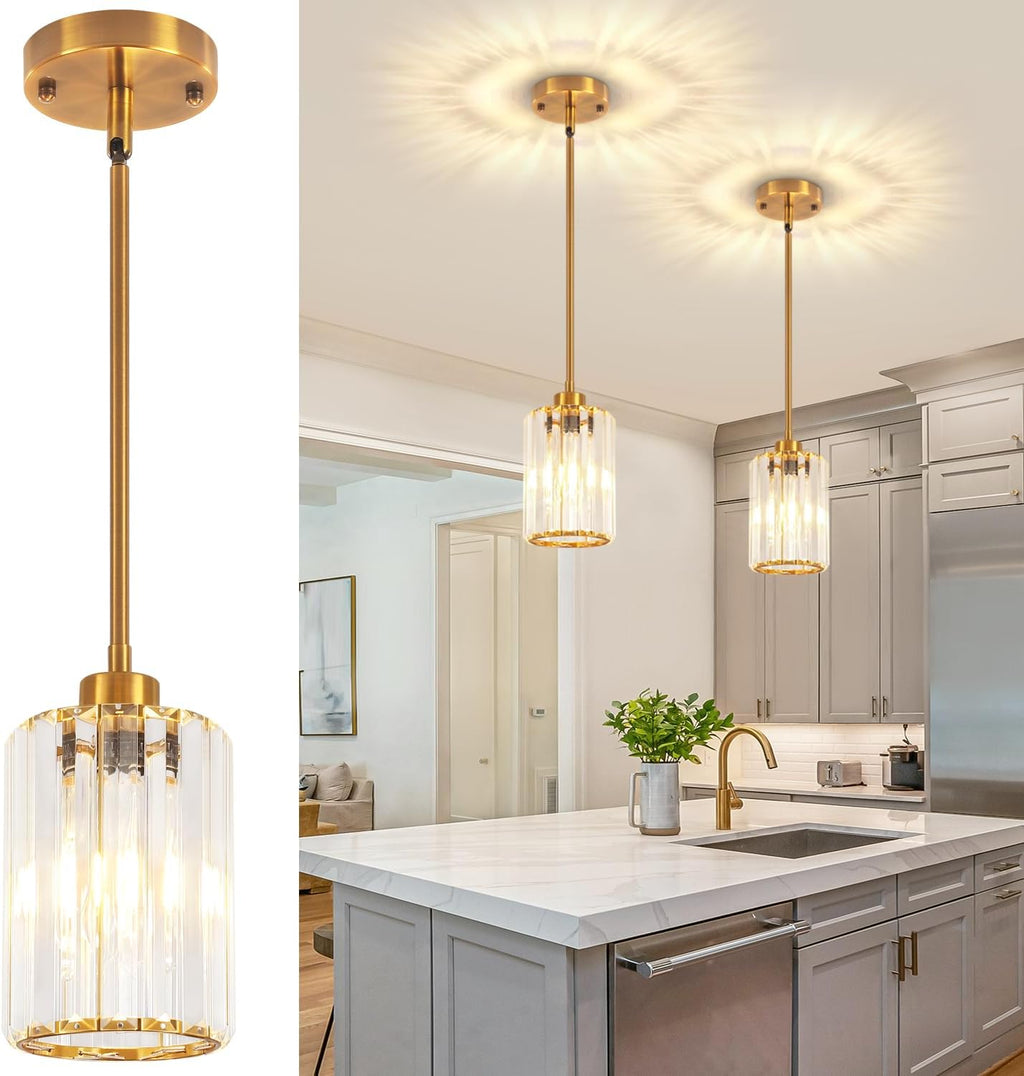 2 Pack Brushed Gold Pendant Light Fixtures Modern Crystal Kitchen Lighting