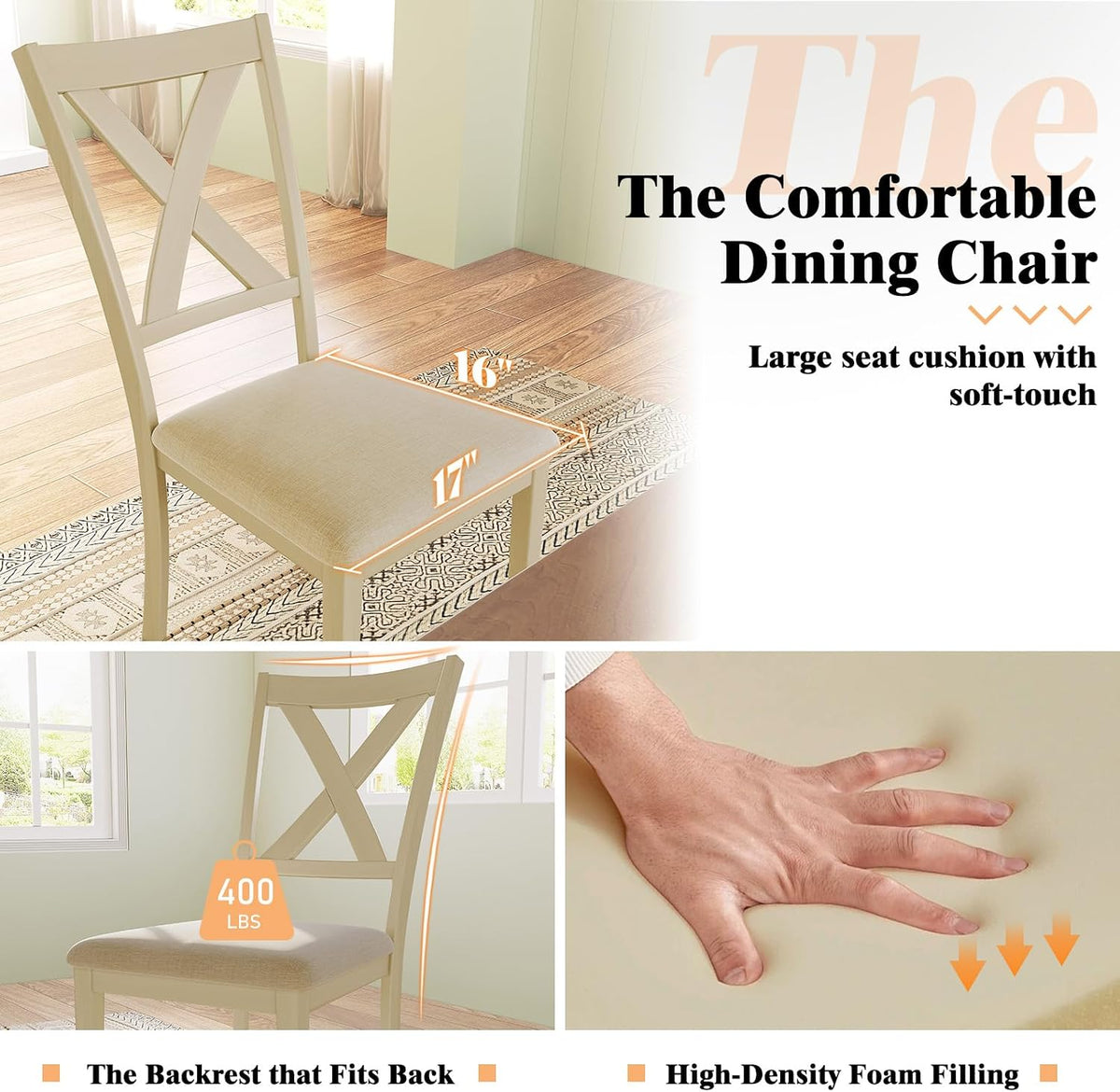 LUXOAK 7-Piece Farmhouse Kitchen Table and Chairs Set for 6, Rustic Cream