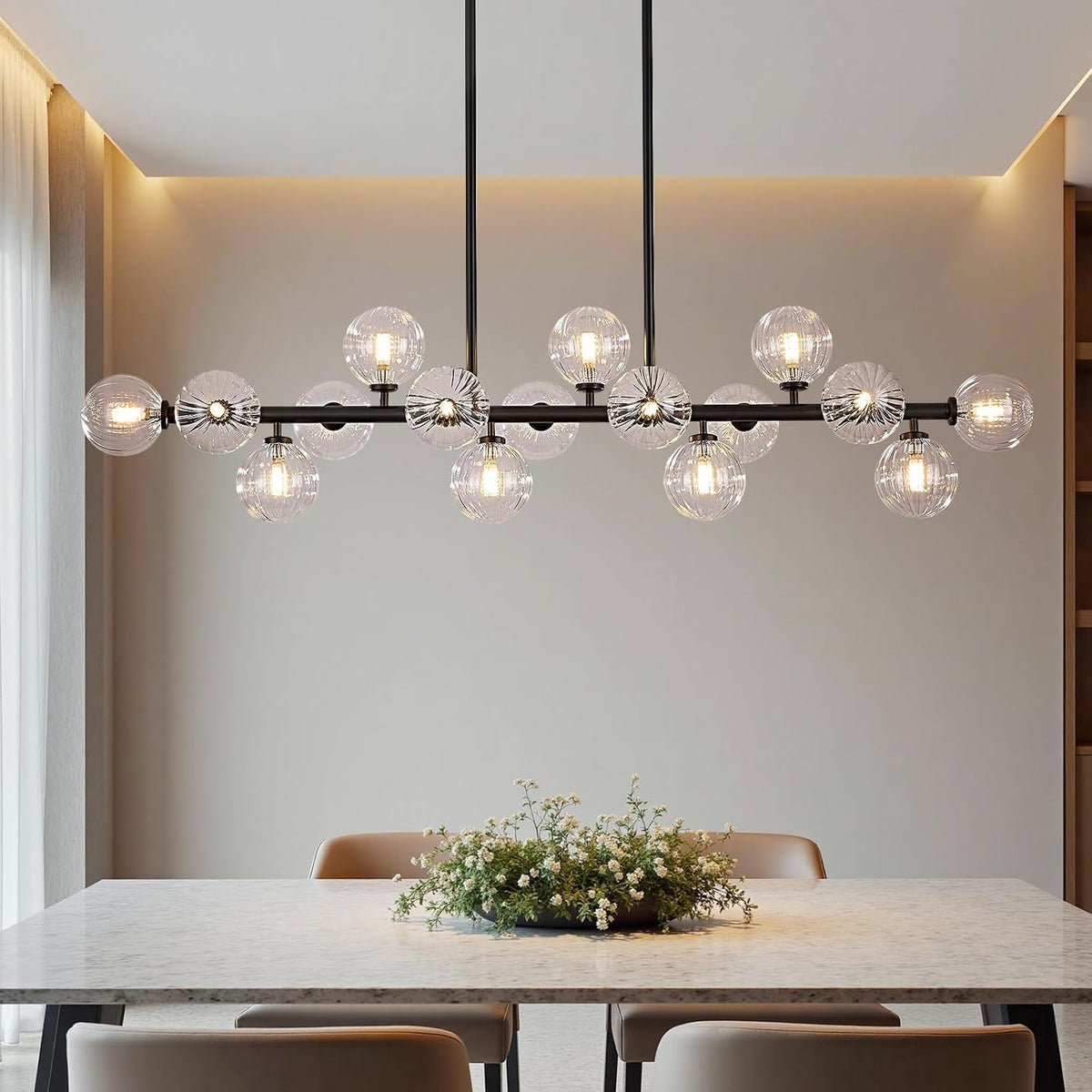 Large Linear Chandeliers for Dining Room Kitchen Island, 55" Long Light Fixture Over Table, 16-Light Modern Glass Globe Sputnik Farmhouse Chandelier, Black and Clear Bubble, GC-08