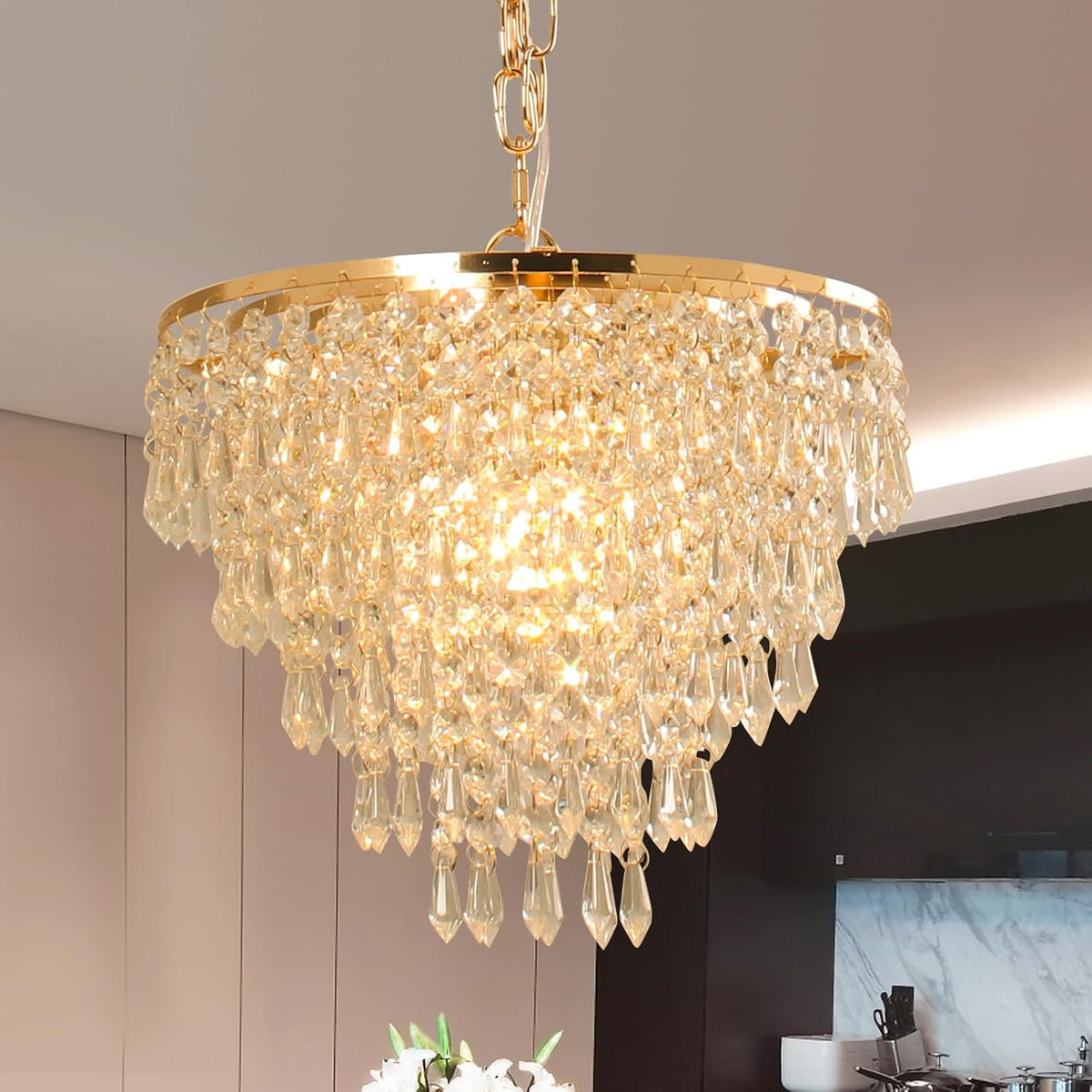 FRIXCHUR Gold Crystal Chandelier, Semi Flush Pendant Light, 11.8 in