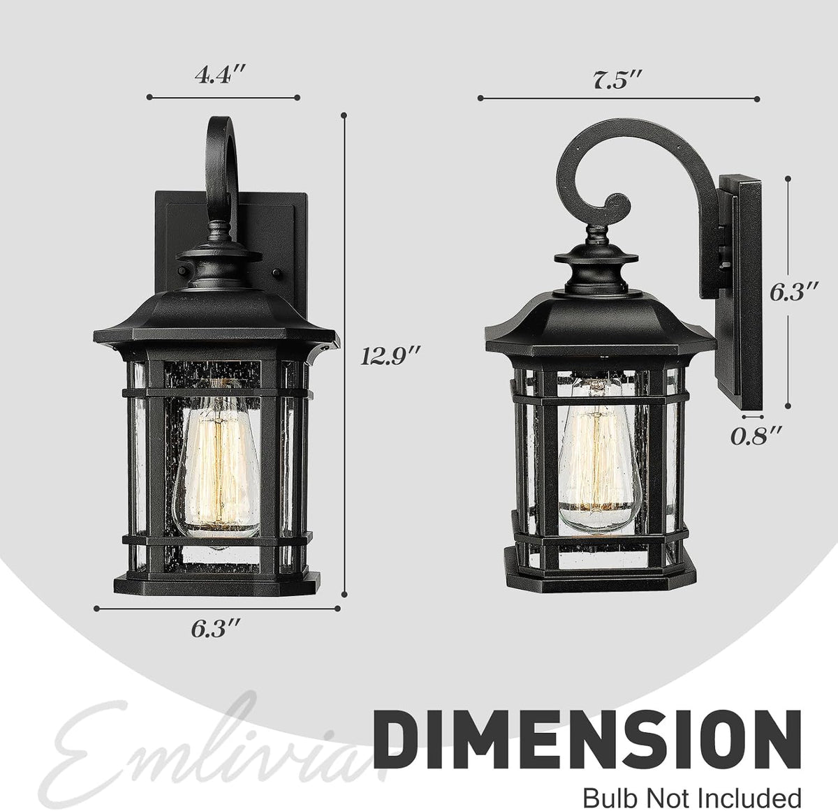 Emliviar 2-Pack Exterior Wall Mount Lights, Seeded Glass, 2084B-2BK