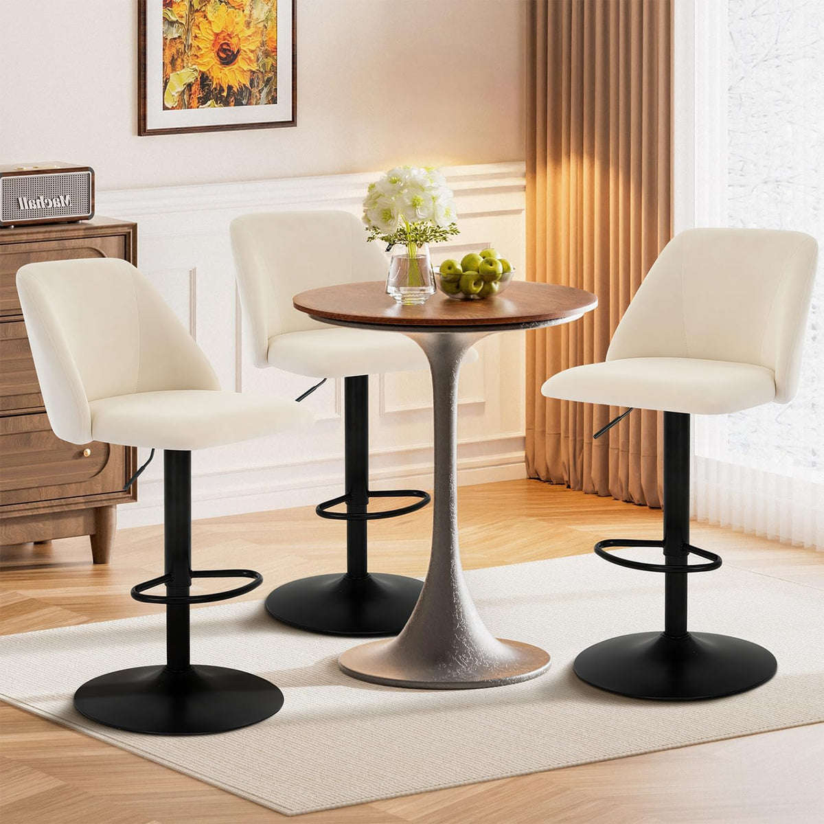COLAMY Bar Stools Set of 4, Modern Swivel Bar Chairs, Adjustable Upholstered Barstools Counter Height with Full Backrest for Bar, Dining Room, Kitchen Island, Beige