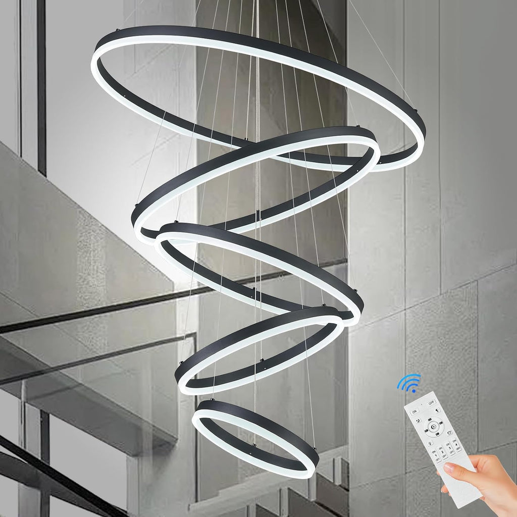 5-Rings D31.5in Modern LED Chandelier Black Dimmable High Ceiling Chandeliers Foyer with Remote Control for Entryway Living Room Dining Room Staircase, 3000K-6500K