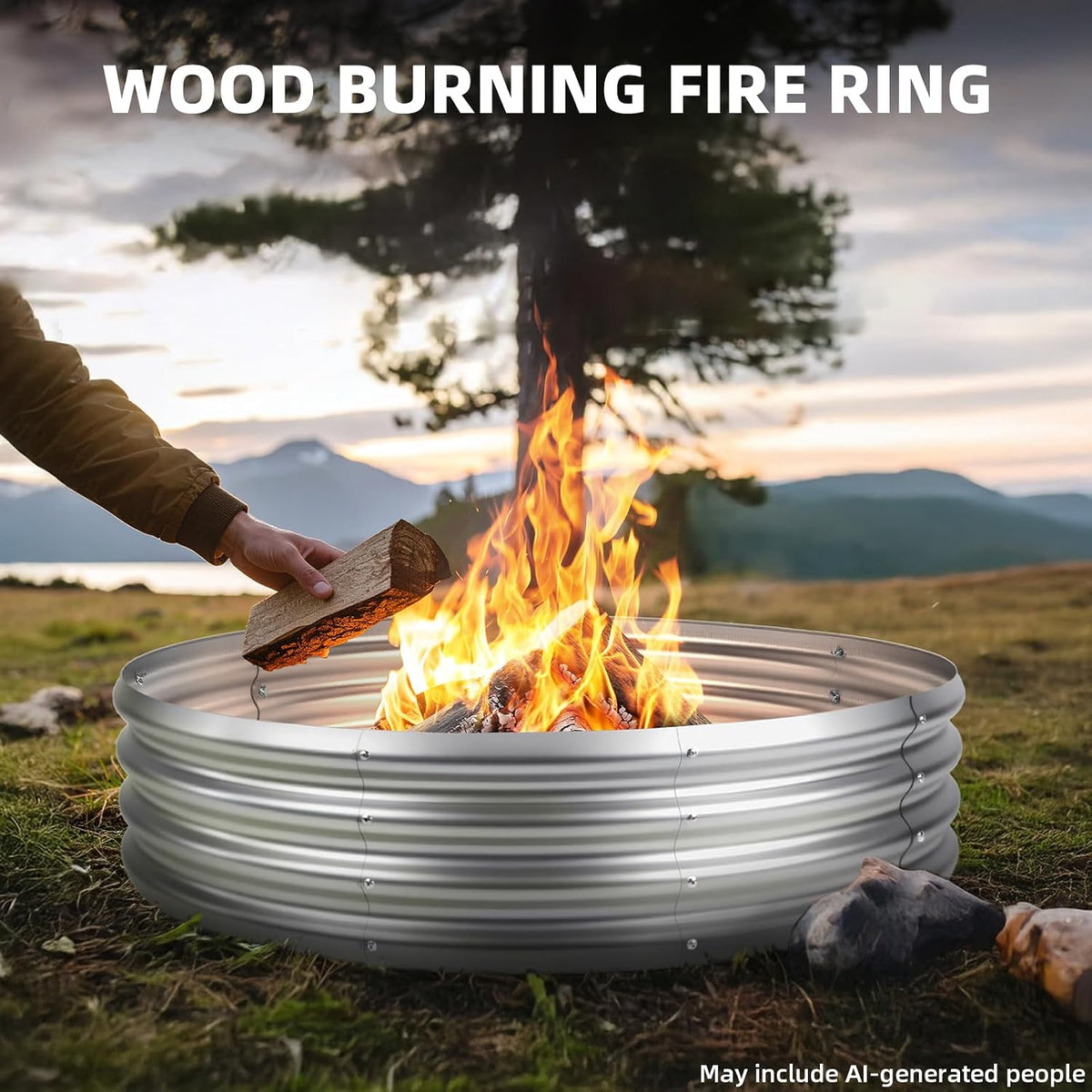 48 Inch Outdoor Fire Pit Ring, Wood Burning Large Metal Fireplace, Silver