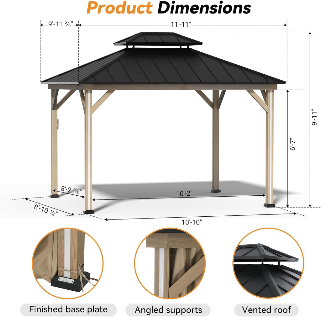 Modern Shade Hardtop Gazebo 10' x 12' with 4 Lights, Outdoor Gazebo with Galvanized Steel Double Roof, Patio Pavilion with USB and USB-C connectors, Netting and Curtains, Wood Looking