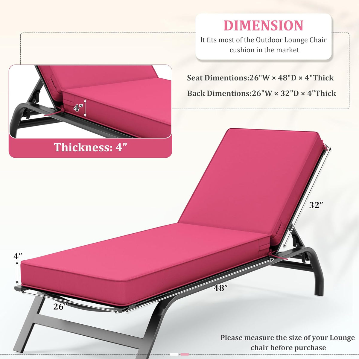 Chaise Lounge Cushions Outdoor of 4, 80 x 26 Inch Fade Resistant Ties Beach