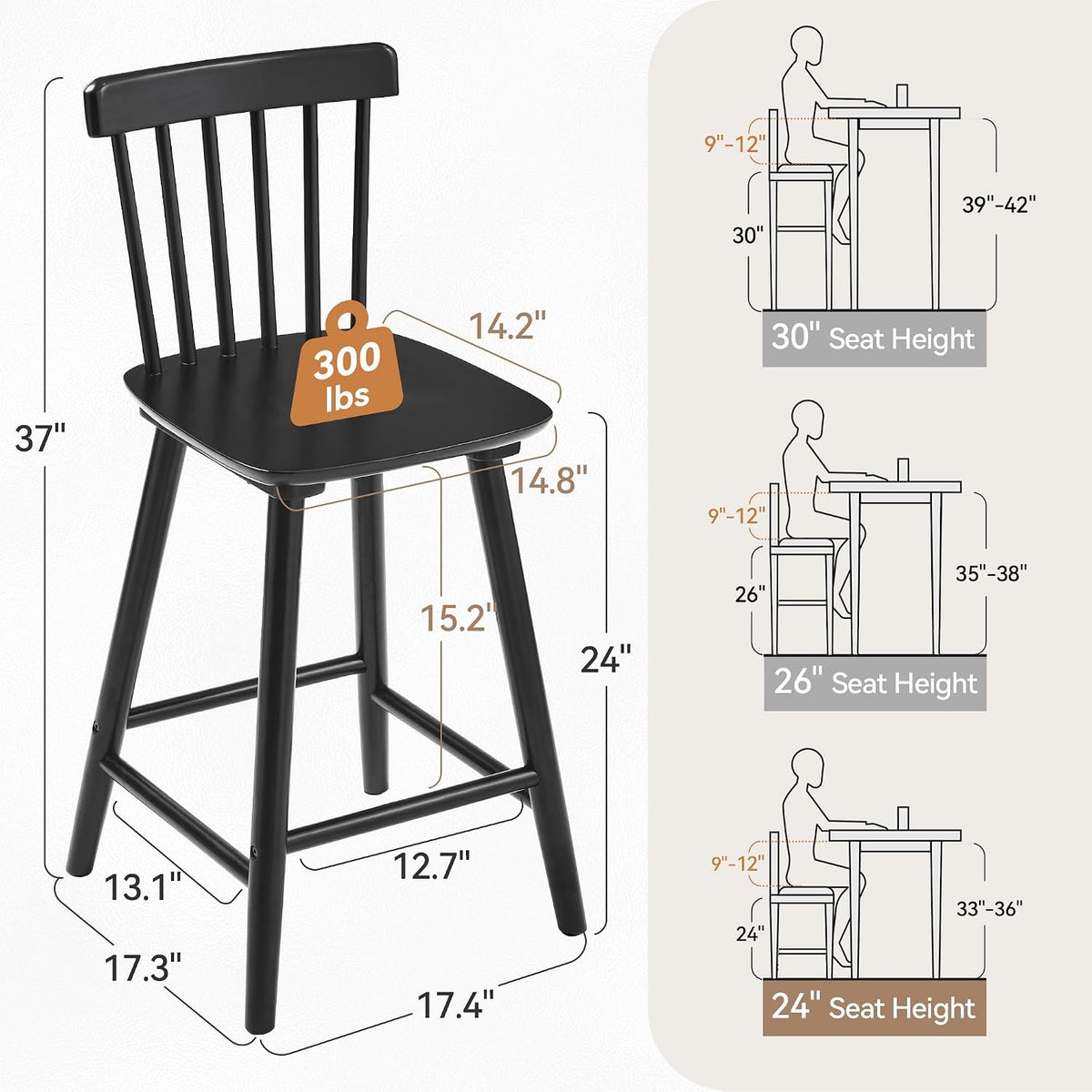LUE BONA Windsor Wooden Bar Stools Set of 3 for Kitchen Island, Farmhouse 24 Inch Counter Height Stools Chairs with Spindle Back, Black