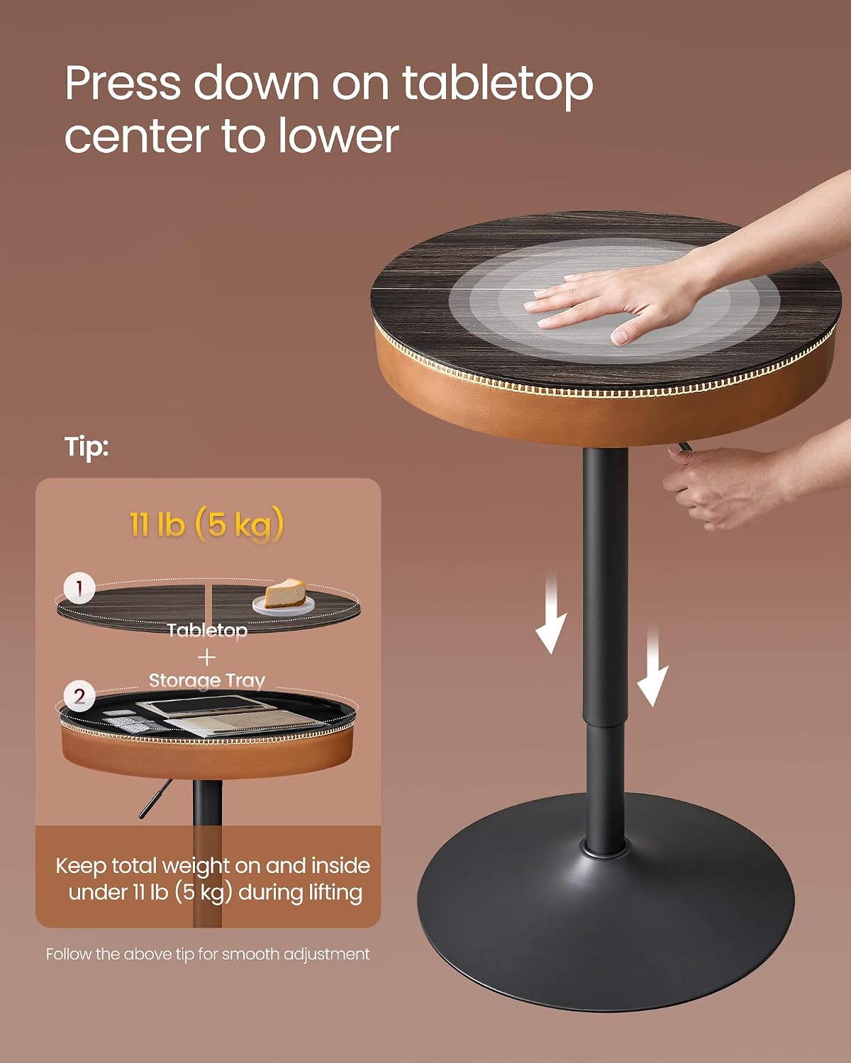 VASAGLE Height Adjustable Bar Table, Round High Pub Table with Storage