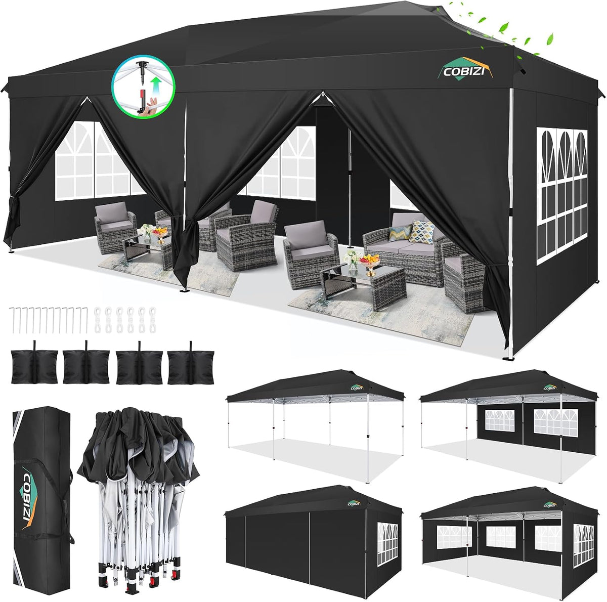 COBIZI 10x20 Pop Up Canopy Tent with One Push, 6 Removable Sidewalls