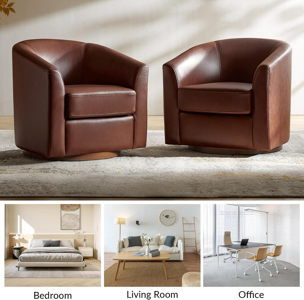HULALA HOME Genuine Leather Swivel Barrel Accent Chairs Set of 2, Brown
