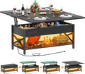 Aheaplus Lift Top Coffee Table with LED Light,Power Outlet & Shelves- Black