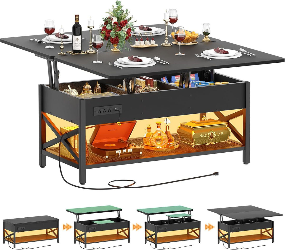 Aheaplus Lift Top Coffee Table with LED Light,Power Outlet & Shelves- Black