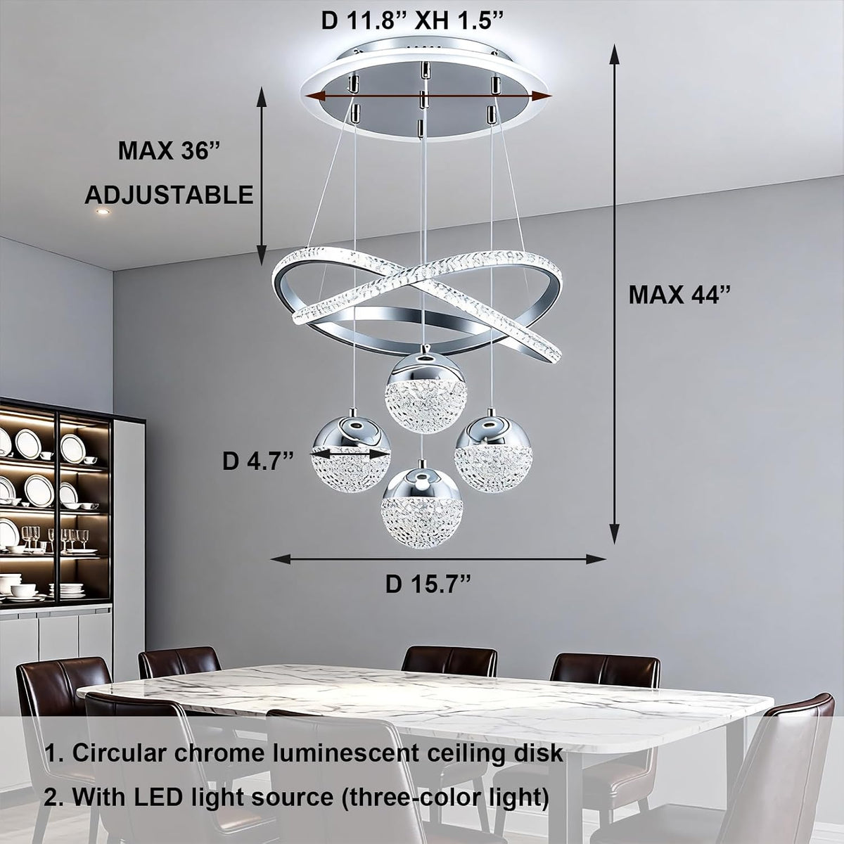Modern Chrome LED Chandeliers, Pendant Dining Room Light Fixture