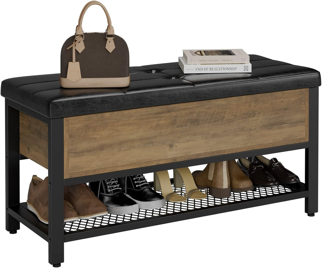 HOSTACK 40" W Storage Bench, Entryway Shoe Bench with Cushion, Rustic Brown