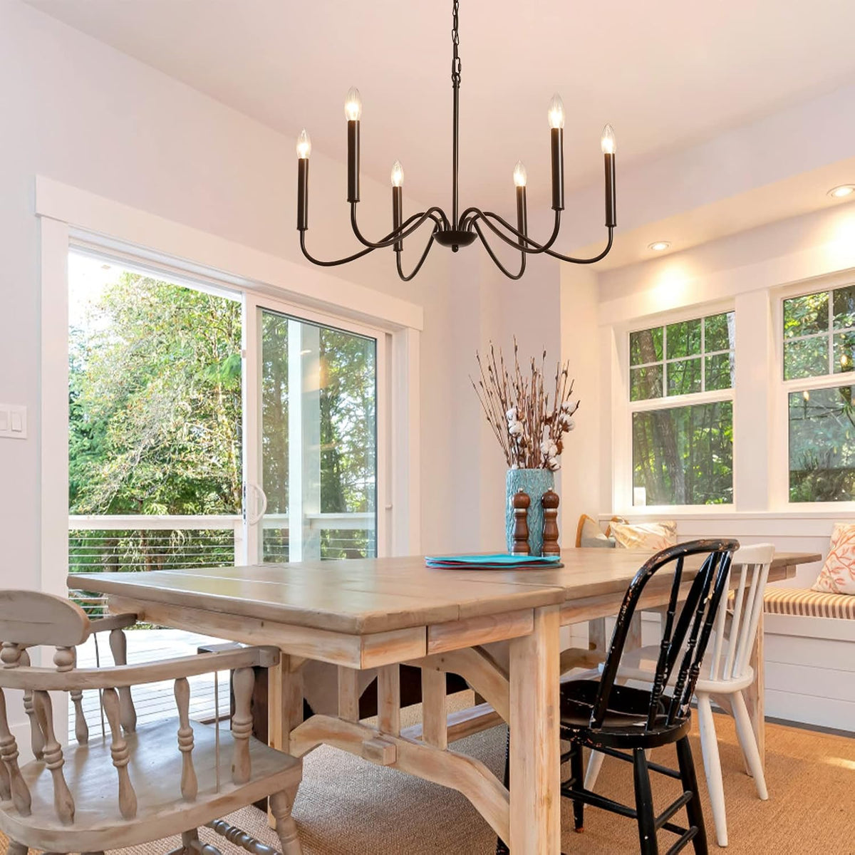 6-Light Black Farmhouse Chandelier, Rustic Candle Dining Room Light Fixture