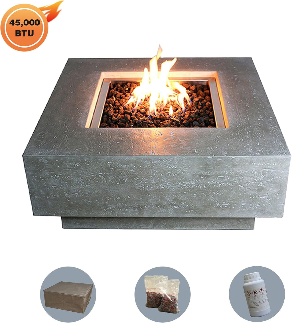 Elementi Manhattan Outdoor Gas Firepit Table 36 Inches Natural Gas Fire Pit Patio Heater Concrete High Floor Clearance Firepits Outside Electronic Ignition Backyard Fireplace Cover Lava Rock Included