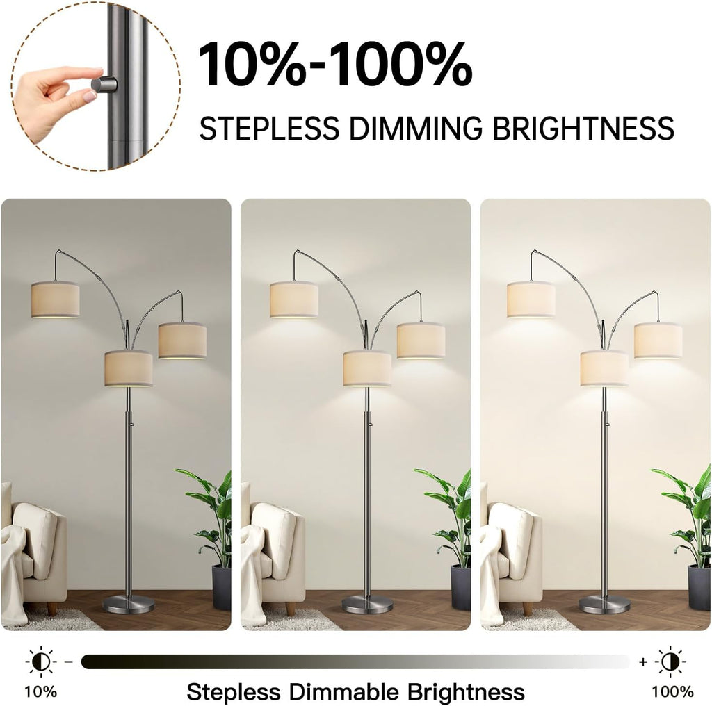 Dimmable Floor Lamp, 3 Lights Sliver Arc Floor Lamp, Modern Tall Standing Tree Lamp with White Linen Shades & Heavy Base, 3000LM LED Bulbs, Bright Lighting for Living Room, Bedroom, Office & Reading