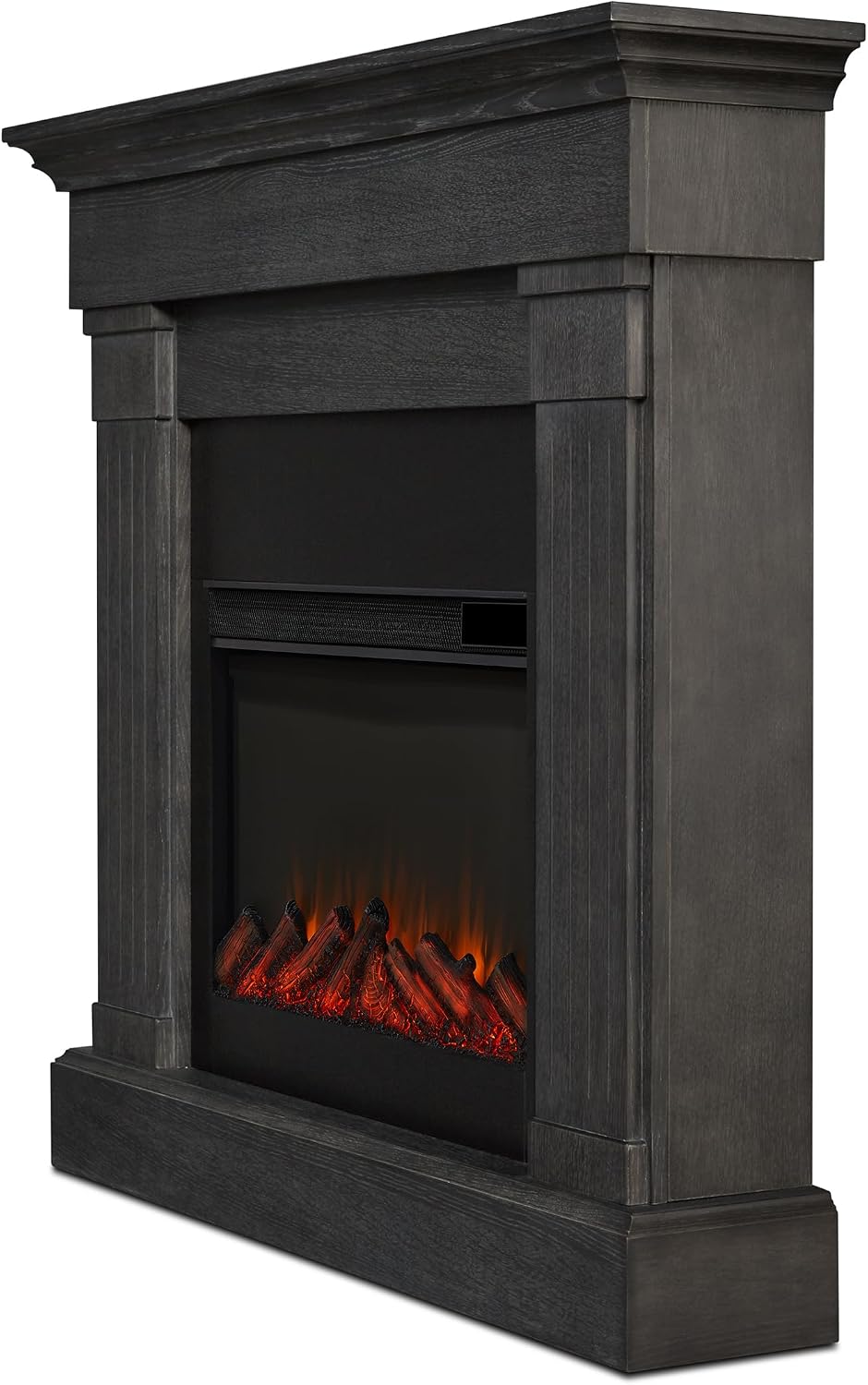 Real Flame Crawford Slim Indoor Electric Fireplace with Mantel for Living Room or Bedroom, Replaceable Fireplace Insert Heater, Realistic Log and Flame Effect, Remote Control, Timer, Gray