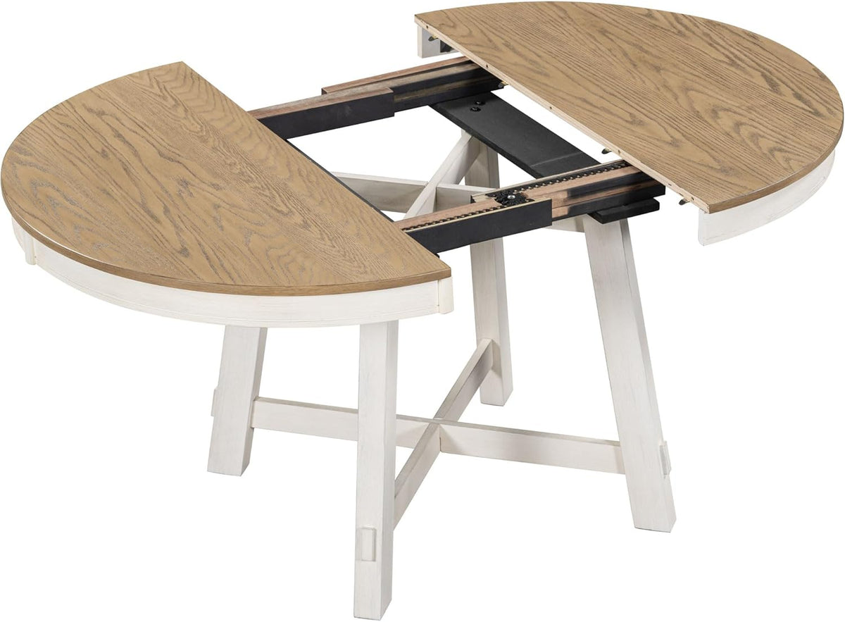 Harper & Bright Designs TREXM 5-Piece Farmhouse Dining Table Set Wood Round Extendable Dining Table and 4 Upholstered Dining Chairs (Oak Natural Wood + Antique White)