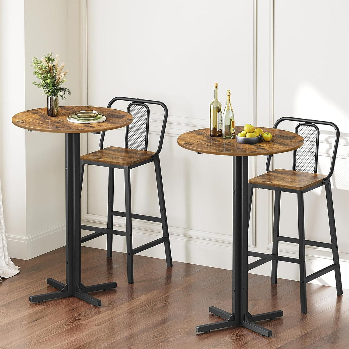 YATINEY Round Bar Table Set of 2, Counter Height Pub Table, Bar Height Cocktail Table, Versatile Use, for Dining Room, Kitchen, Bar, Pub, Cafe, Rustic Brown and Black BT10L2BR