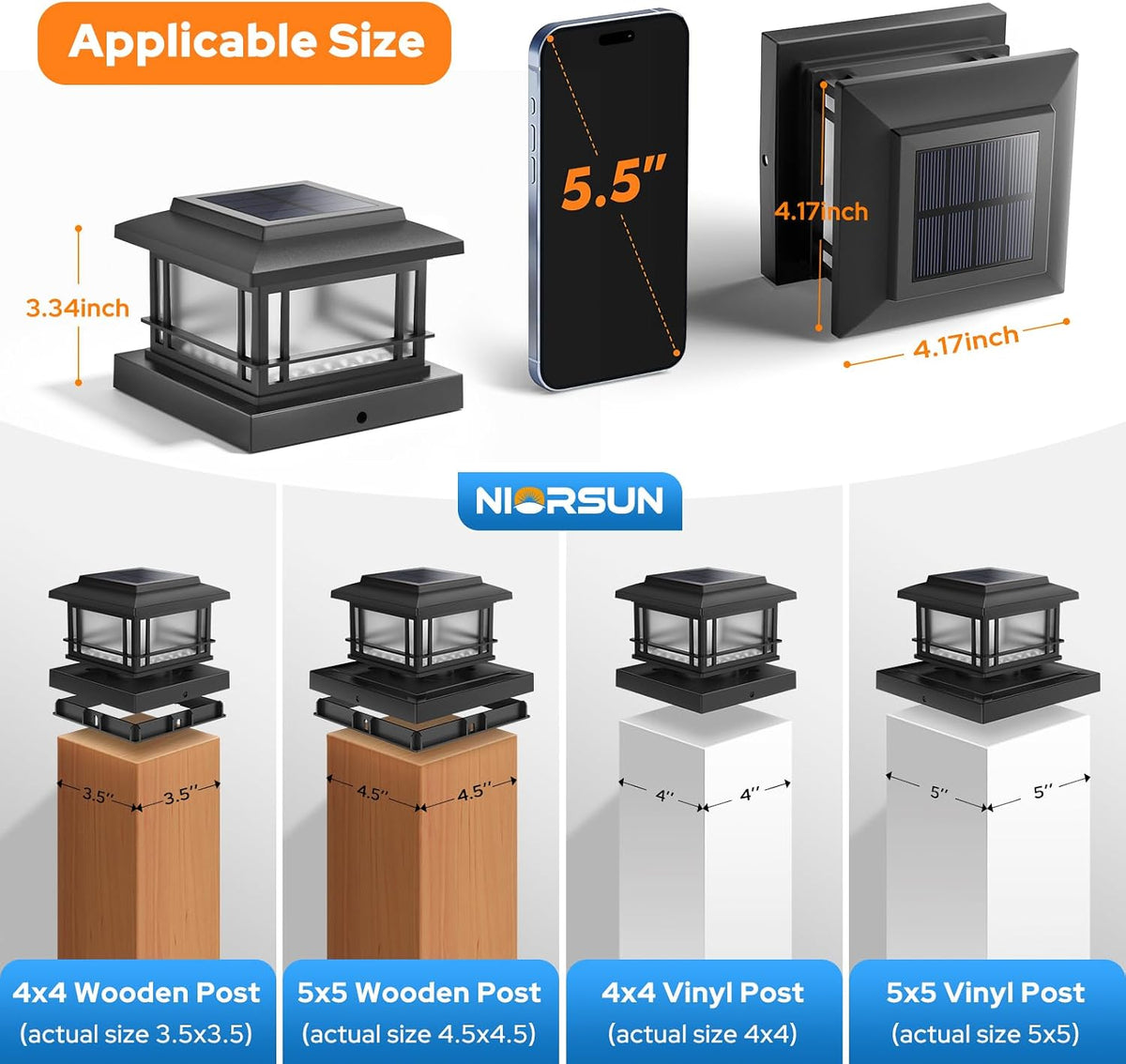 NIORSUN 4x4 Post Solar Lights with Flame Light &3 Color Temps,12 Pack Black