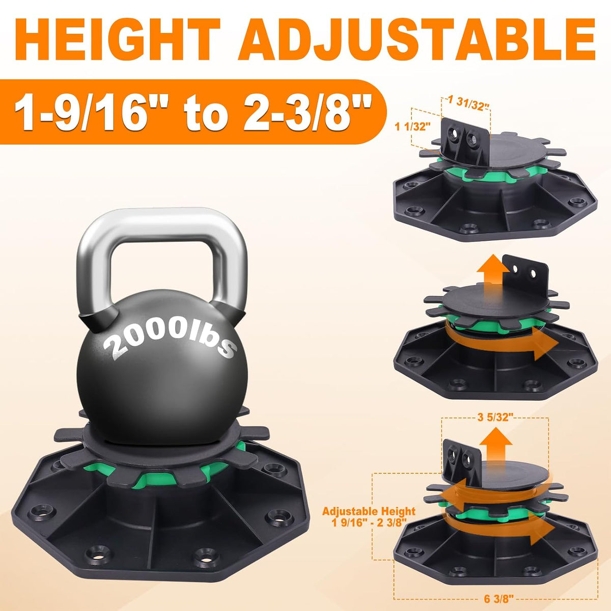 adjustable deck support pedestals, 1-9/16" to 2-3/8" height, close-up detail