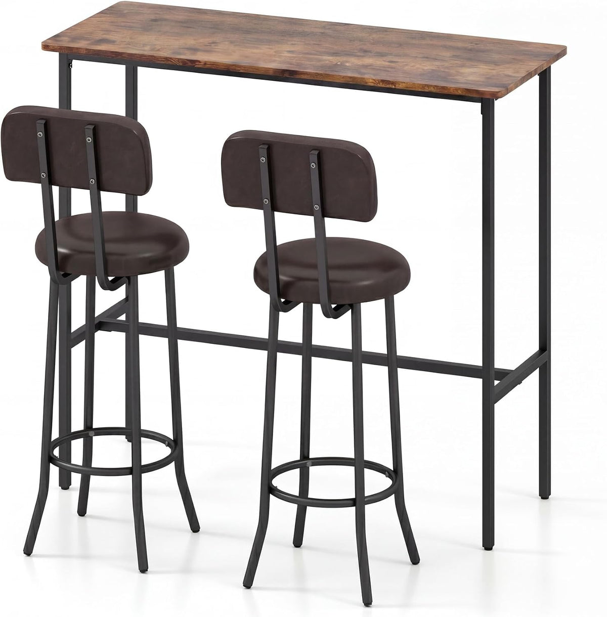 GIANTEX 3-Piece Bar Table and Chairs Set, Counter Height Pub Table and 2 Upholstered Stools with Backrest & Footrest, Space-Saving High Top Bistro Table Set for Breakfast Nook, Small Space