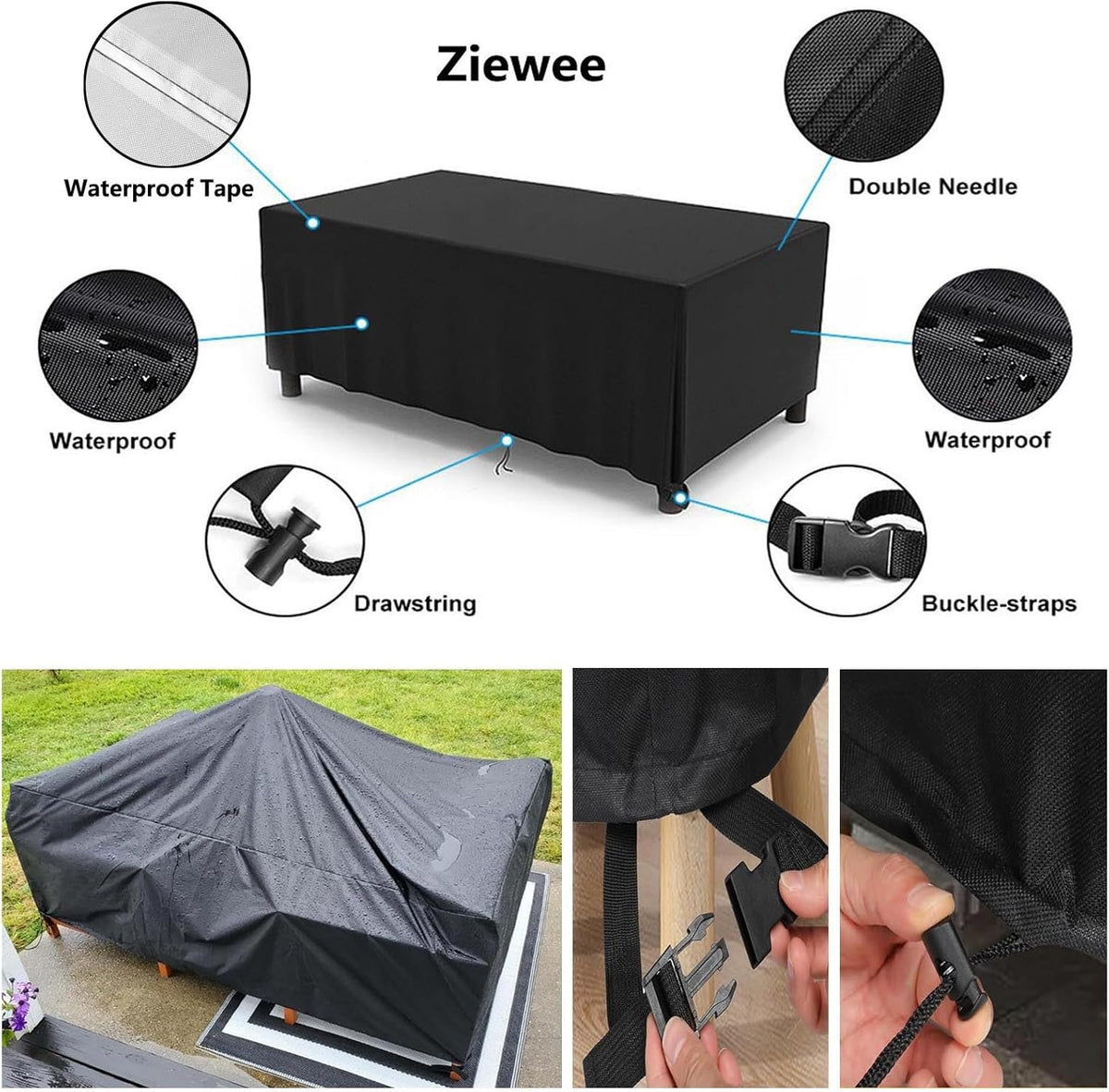 Patio Furniture Covers Outdoor Table Cover Waterproof Rectangular 420D Garden Dining Table Cover Wind Dust Proof Anti-UV Patio Sectional Couch Cover Table and Chair Set Covers 108"Lx82"Wx28"H Black