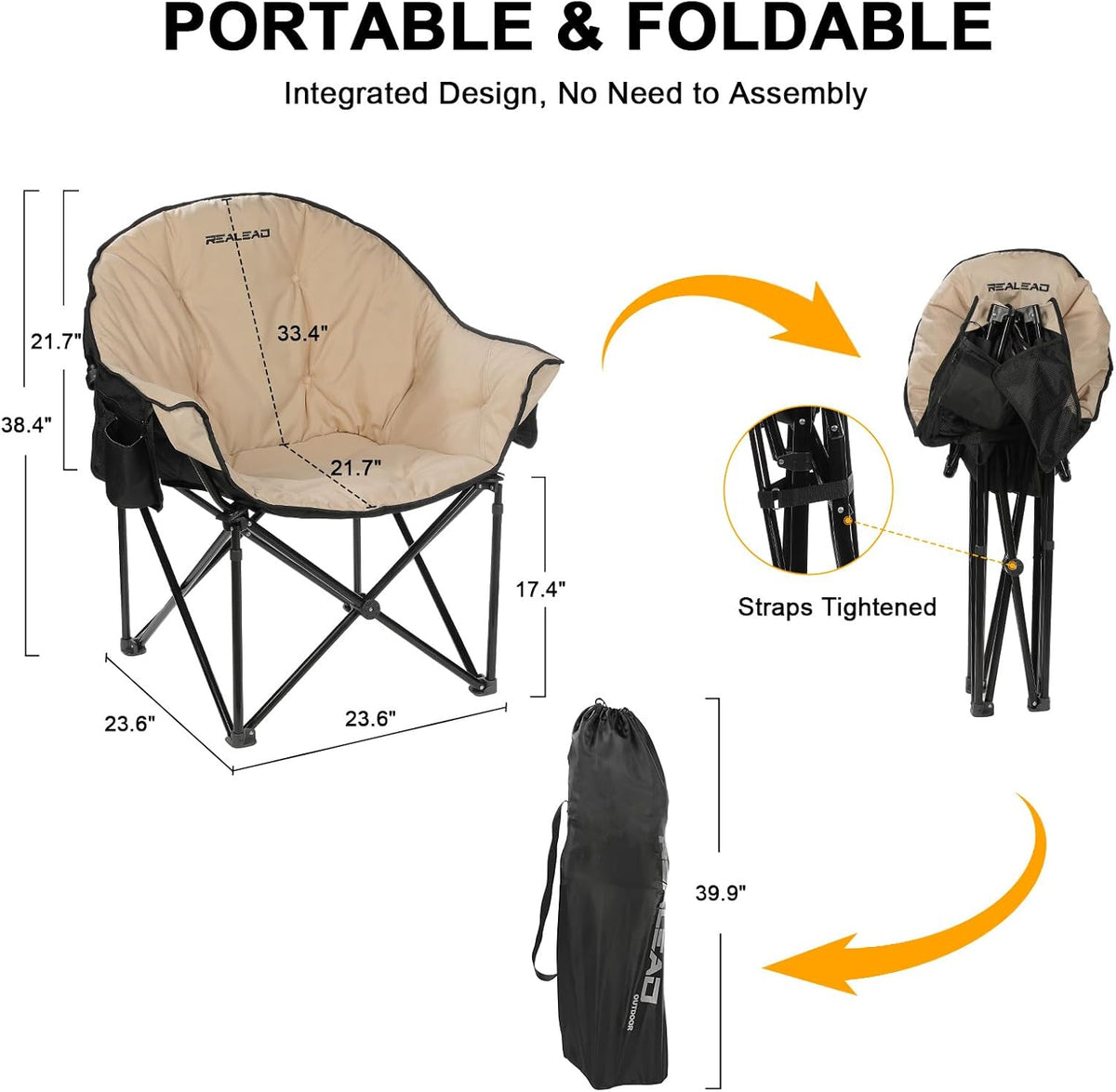 REALEAD Oversized Camping Chairs Padded Heavy Duty Folding Support 400LBS