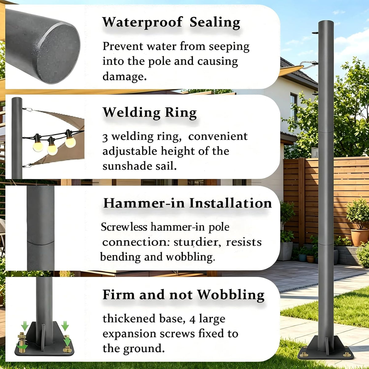 12ft Sun Shade Sail Pole - 3" Diameter Thickened Metal Rust Proof Outdoor Post Heavy Duty Steel Metal Pole Kit for Support Light String,Sunshade Sail,Canopy,Garden,Ground,Backyard