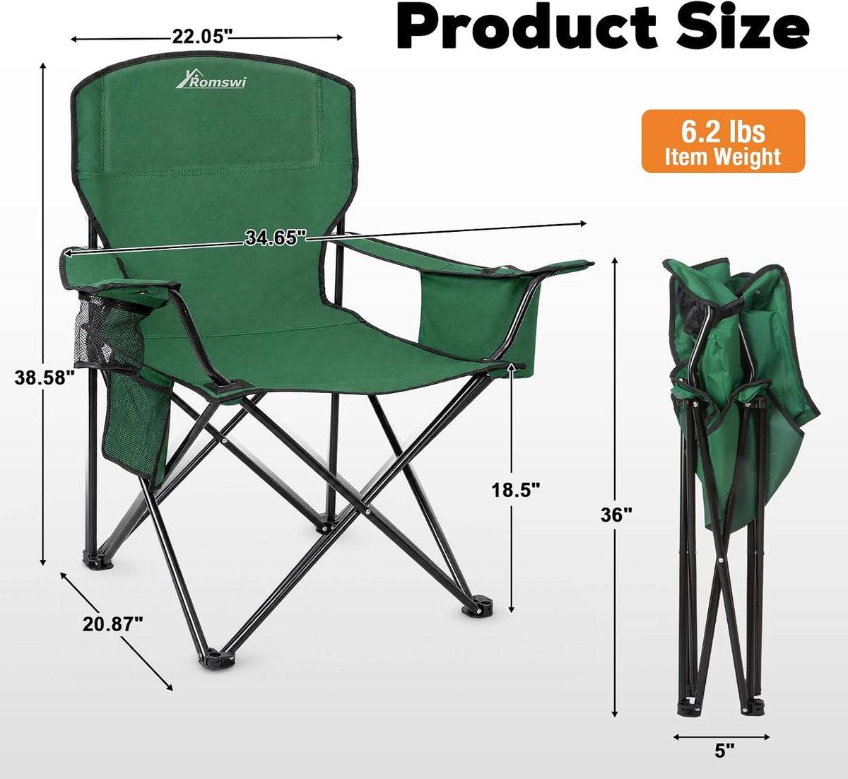 Camping Chairs for Adults, 2 Pack Heavy Duty Folding Chair with 4-Can Cooler Bag, Portable Outdoor Chair with Cup Holder, Collapsible for Tailgating, Beach, Fishing, Green