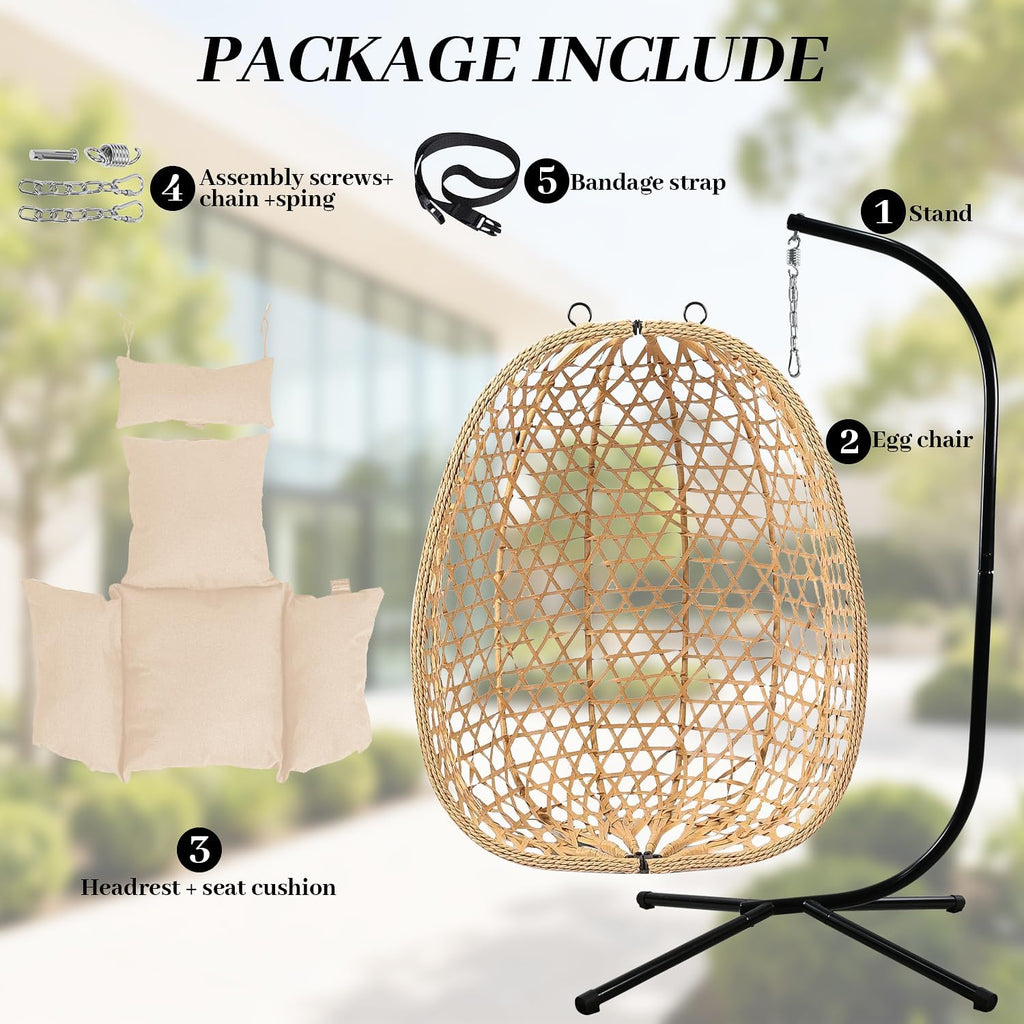 EortheX Hanging Swing Egg Chair with Stand, 350LBS Capacity, Cream