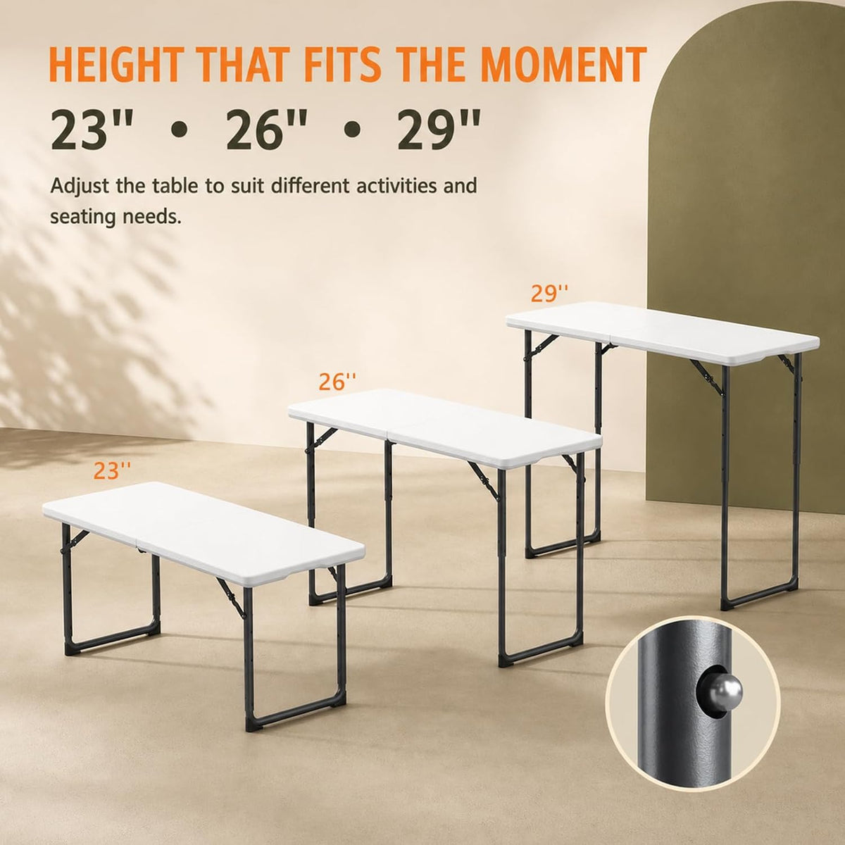 4FT Folding Table 3 Levels Adjustable Height, Heavy Duty Fold-in-Half Portable Table, 400 lbs Capacity Foldable Table for Party Dining Camping Events Picnic Outdoor Indoor Use