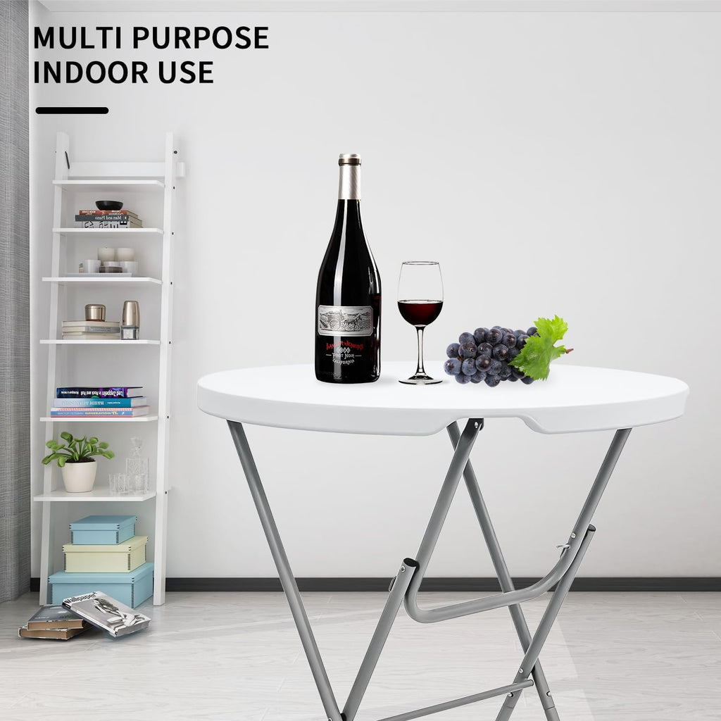 31.5" L X 31.5" W X 43" H - Cocktail Table White High Top Folding Table, Portable Bar Height Folding Table Round with Detachable Gray Legs