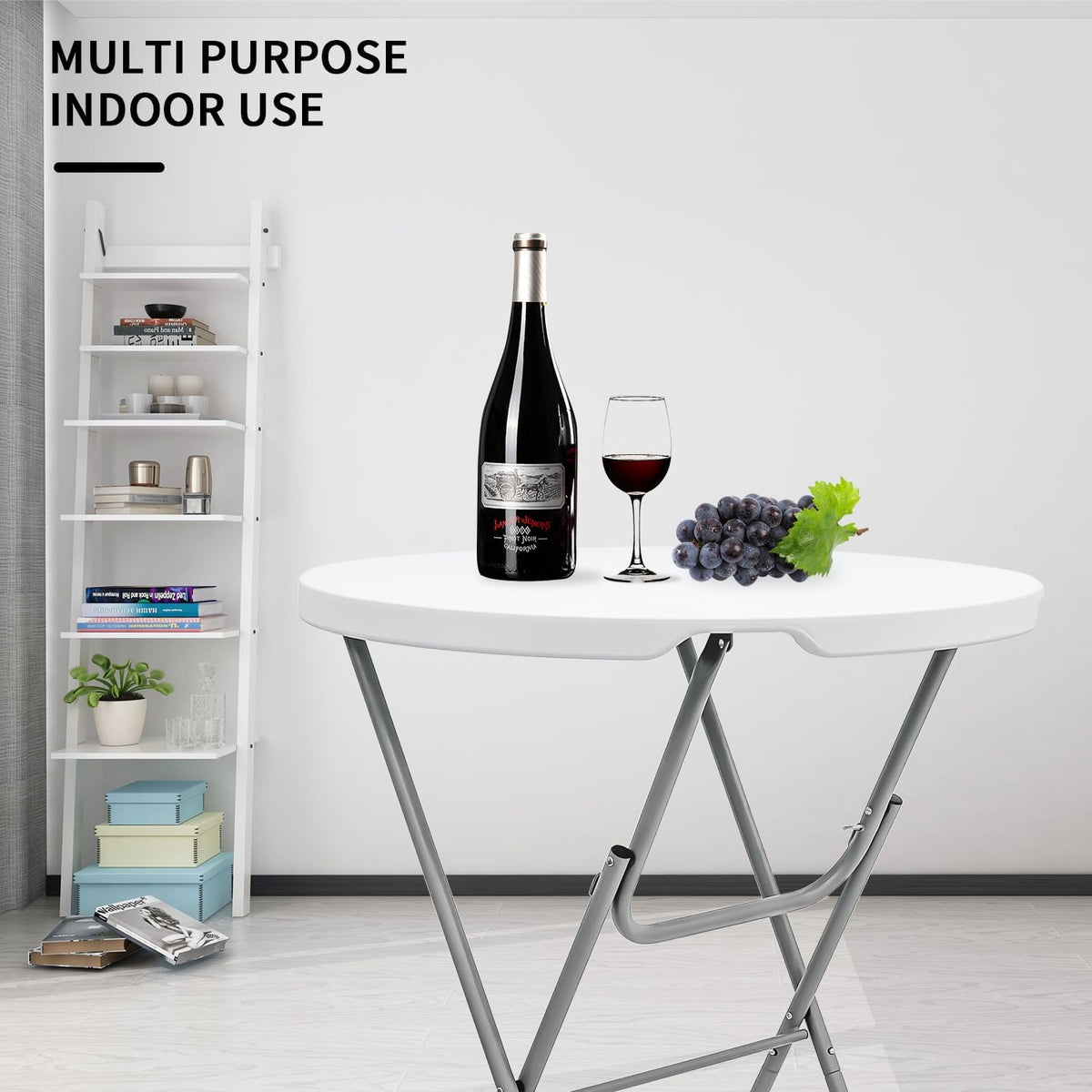 31.5" L X 31.5" W X 43" H - Cocktail Table White High Top Folding Table, Portable Bar Height Folding Table Round with Detachable Gray Legs