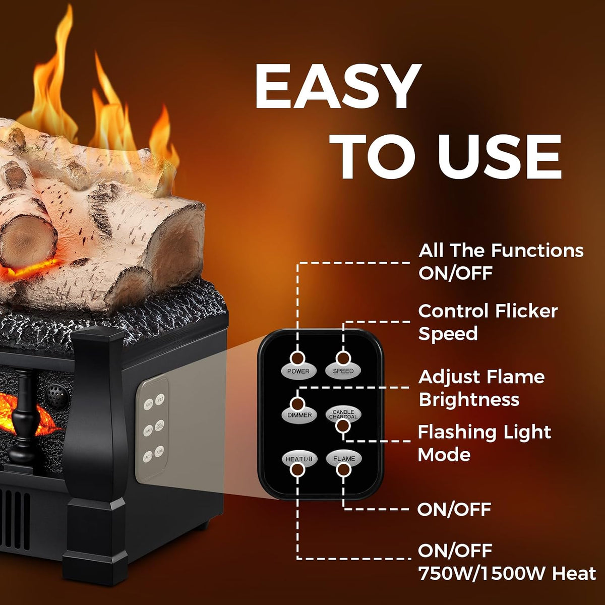 Electric Fireplace Insert Log Heater 21 Inches, 5 Flame Brightness, Multiple Flicker Speed, 750w/1500w Heating, Remote Control, Auto Shut Off