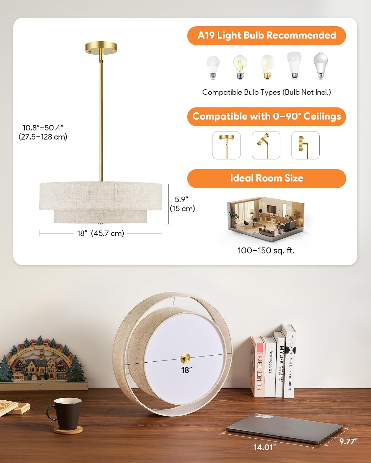 VONLUCE 18" Modern Drum Chandelier, 4-Light 2-Tier Linen Pendant Light