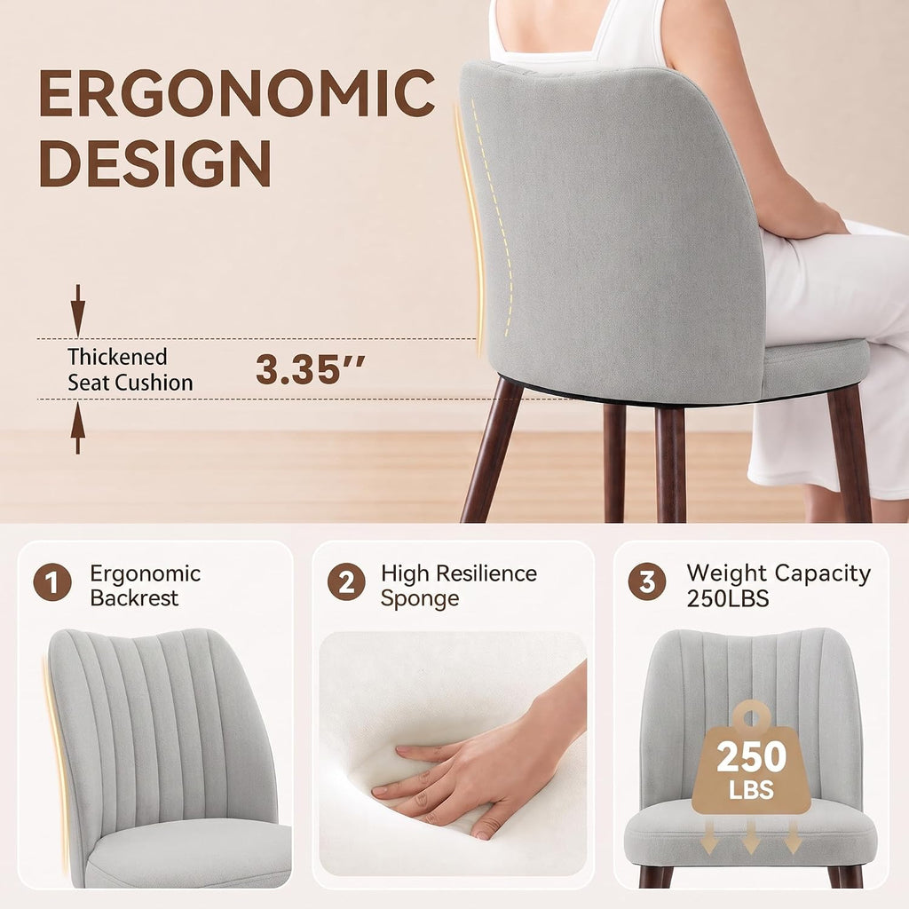 Upholstered Dining Chairs Set of 2, Modern Fabric Dining Chairs with Curved Backrest & Solid Rubber Wood Legs, Padded Kitchen Dining Room Chairs for Restaurant Cafe, Light Grey