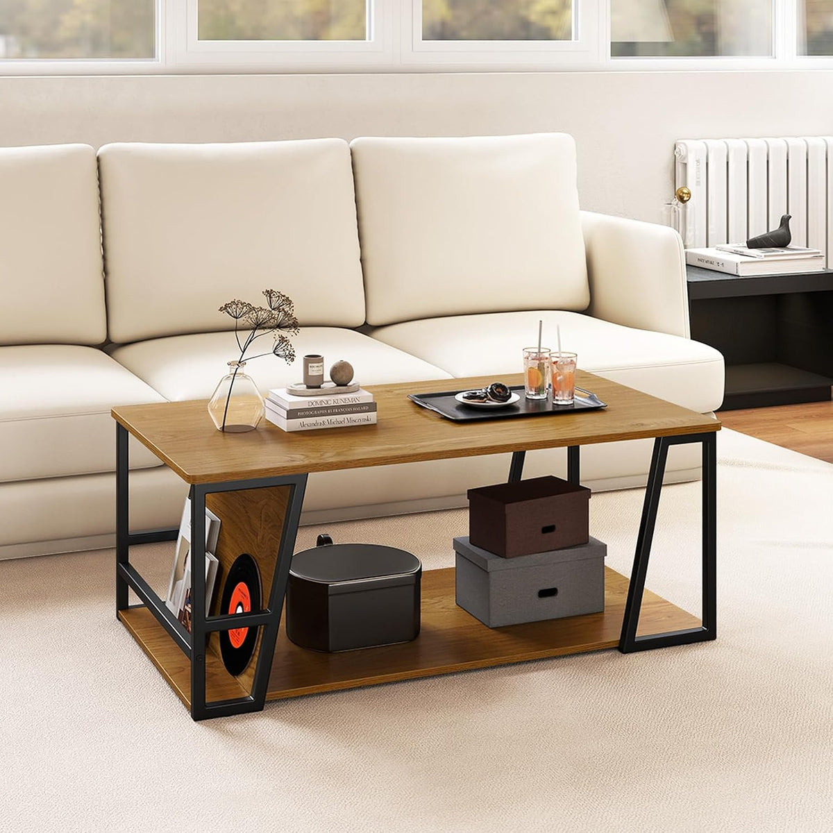 GIANTEX Modern Coffee Table with Storage, 2-Tier Wood Center Table, Oak